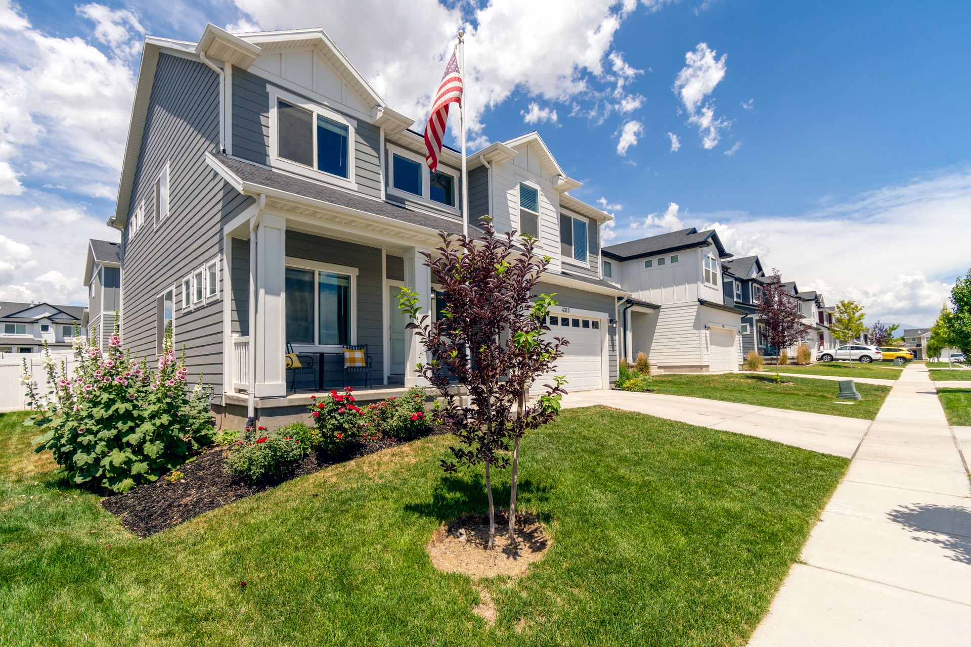 Row of American suburban houses with lawns and trees