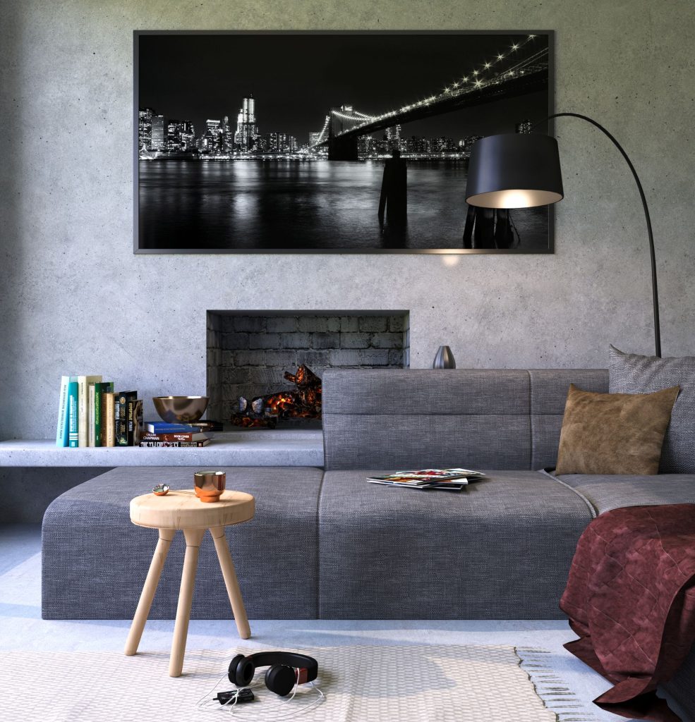 Modern grey living room with a fireplace