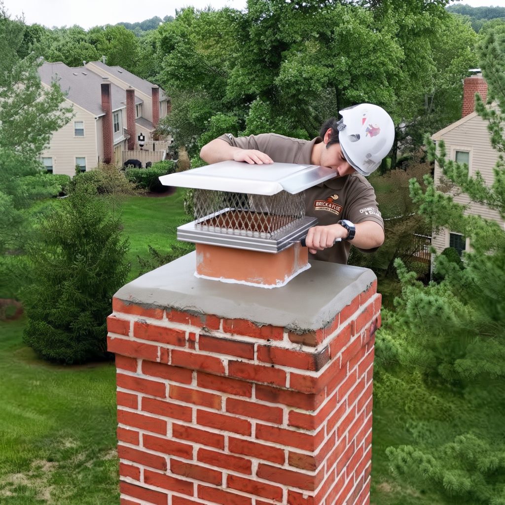 Brick & Flue technician installing a stainless steel chimney cap on a brick chimney with a new crown
