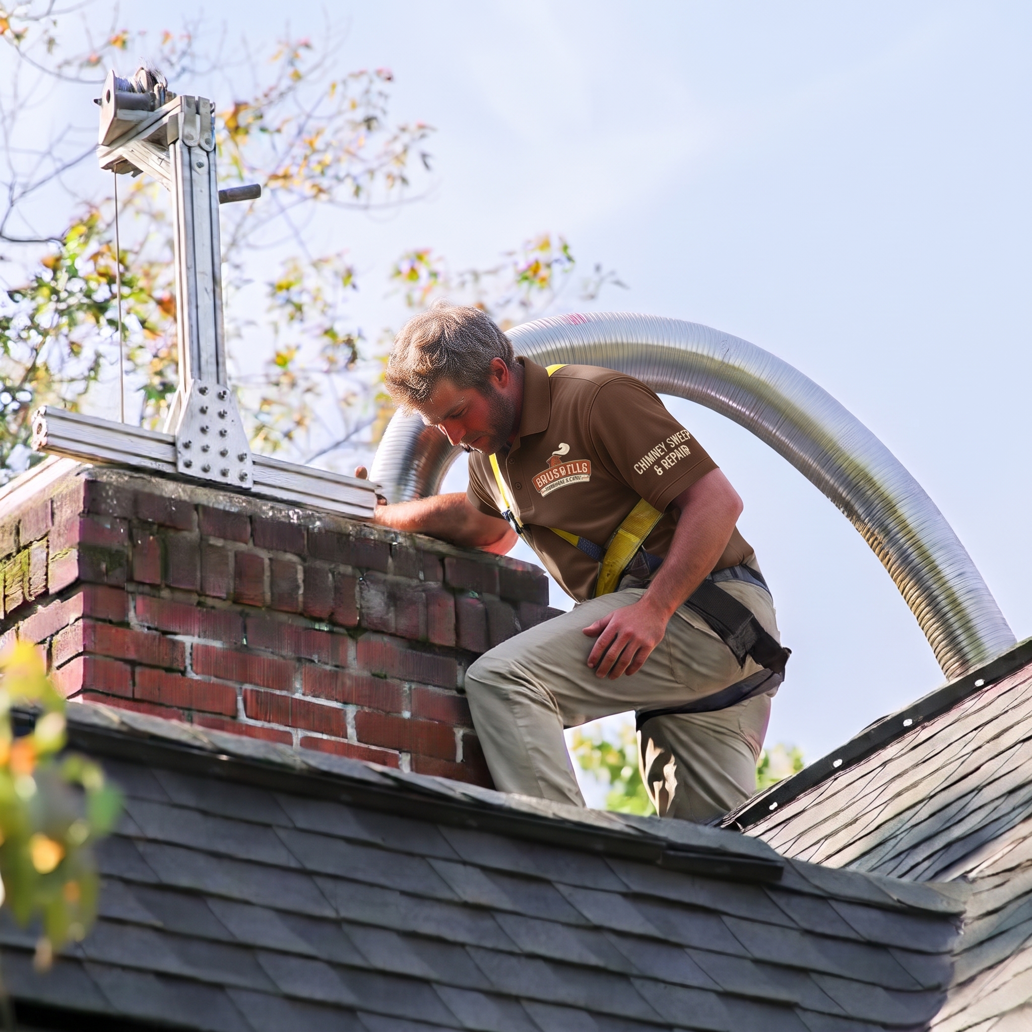 Brick & Flue technician on a roof feeding a stainless steel liner into a brick chimney