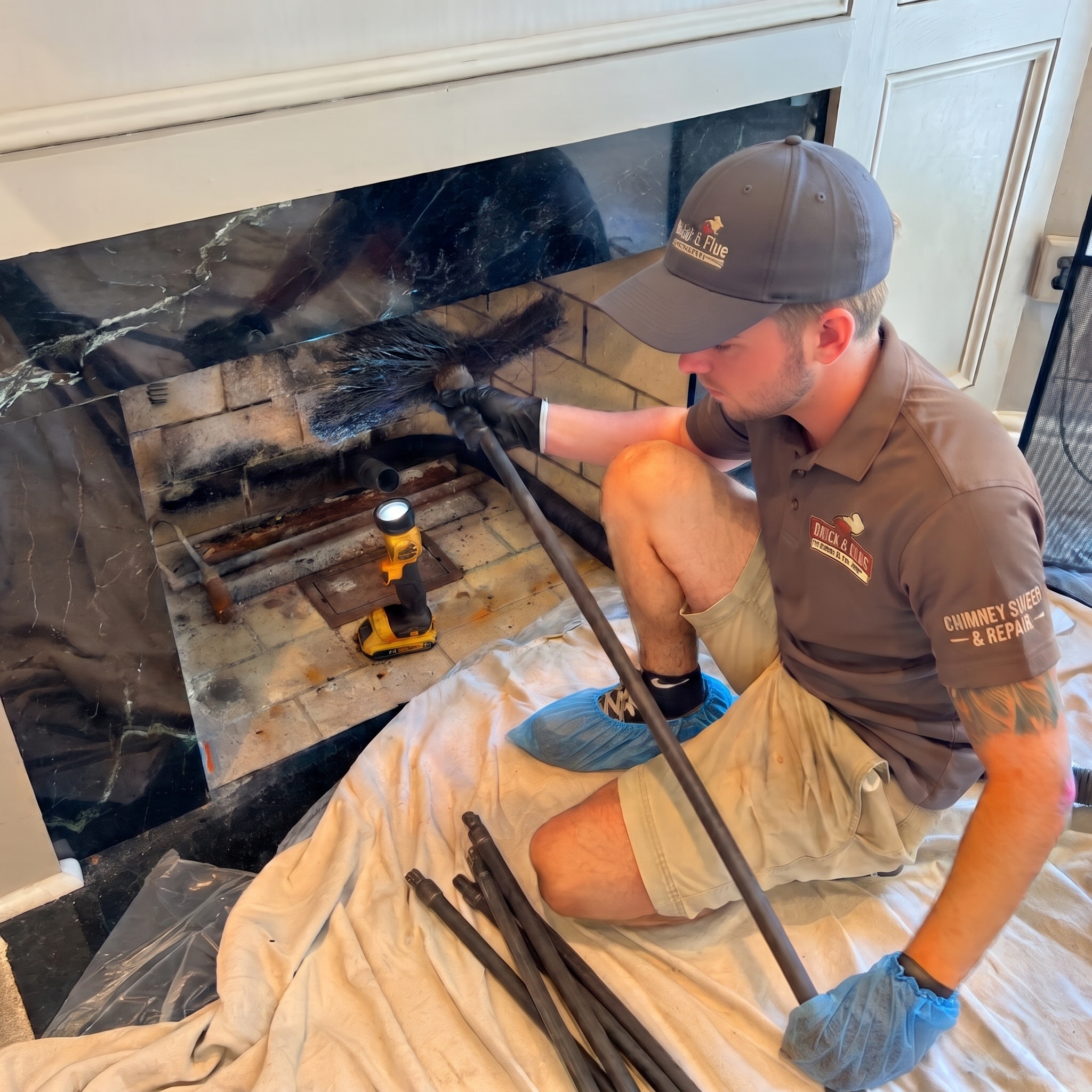 Brick & Flue technician sweeping a fireplace with a chimney brush, drop cloths covering the floor